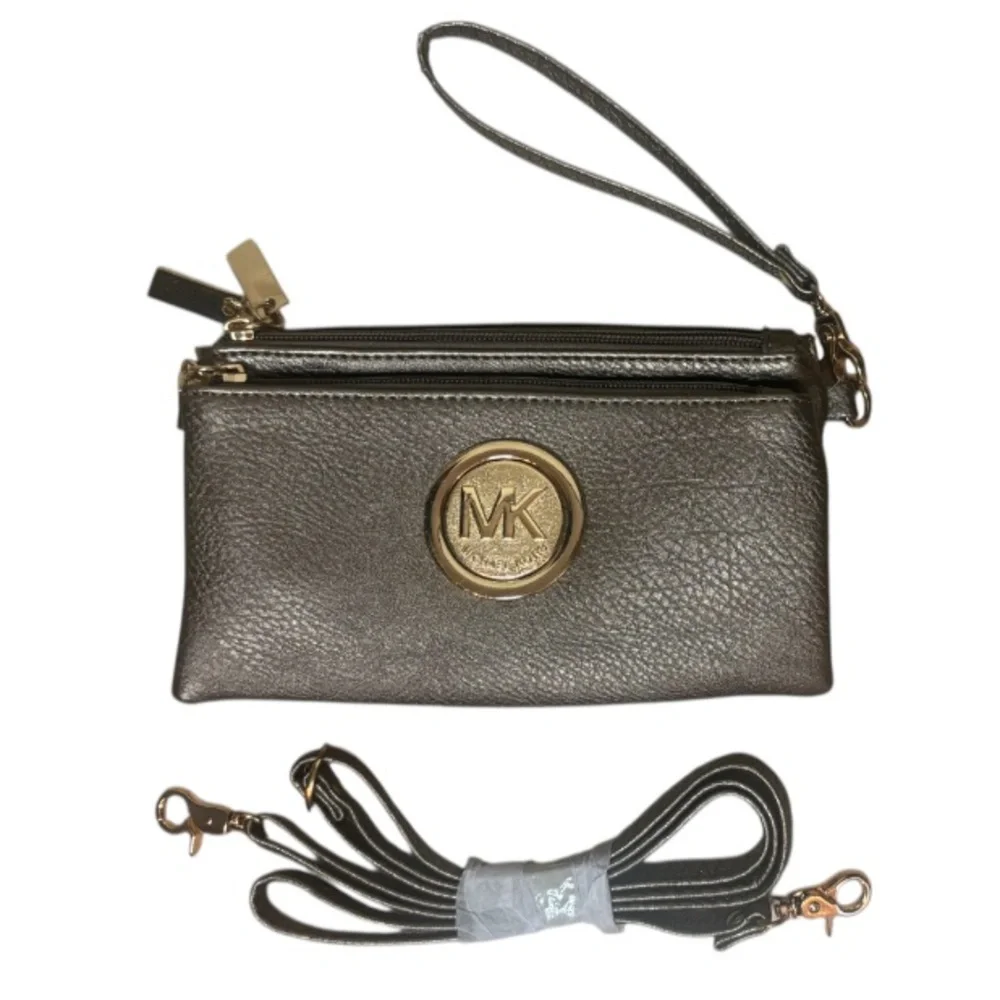Michael Kors Crossbody Wristlet Metallic Multi Compartments Pewter Silver Gold